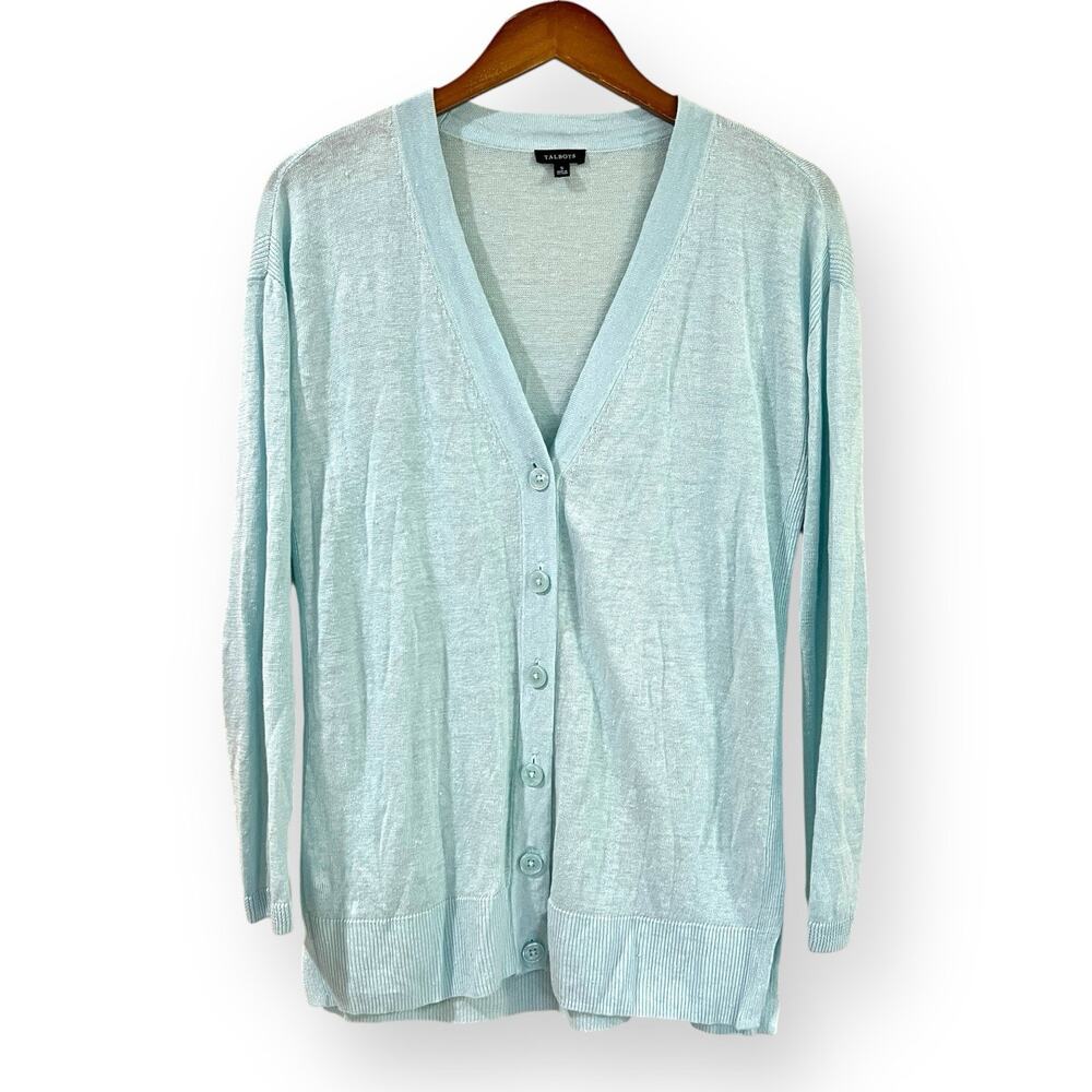 Talbots 100% Linen Cardigan S Aqua Blue Coastal Grandma Pastel Summer Knit Layer